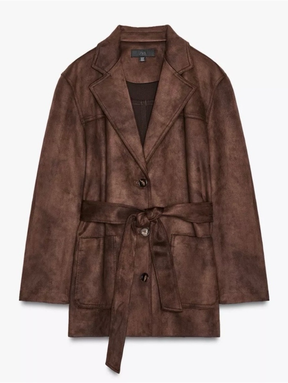 ZARA Faux Suede Belted Jacket - Chocolate Brown - Small